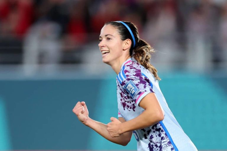 Aitana Bonmati celebrates scoring a goal for Spain