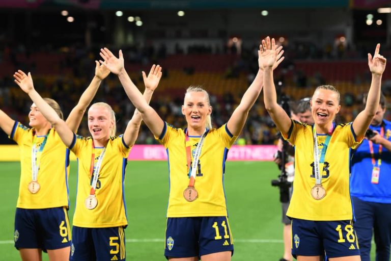 Fridolina Rolfo and her Sweden teammates celebrate their third place win over Australia