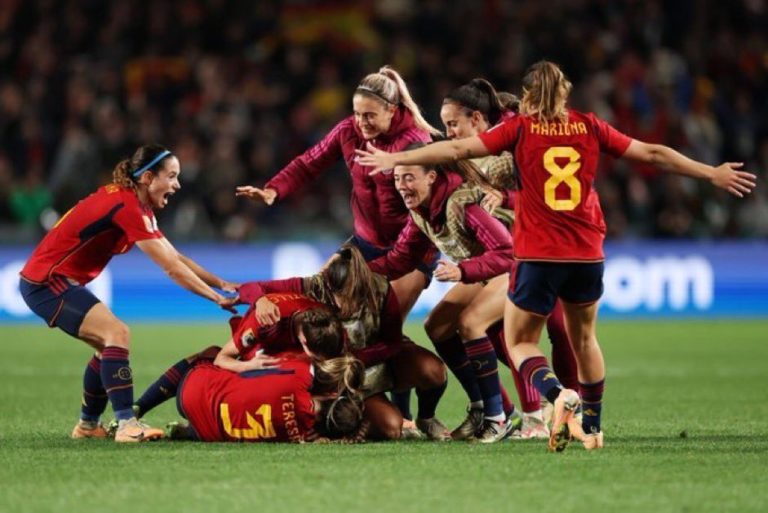 Spain celebrates their winning goal over Sweden